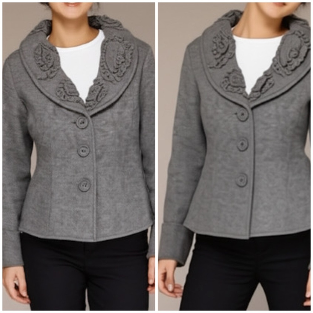 Vintage 90s Y2K 100% Boiled Wool Cardigan/‎ Shacket in Grey With Unique Florals